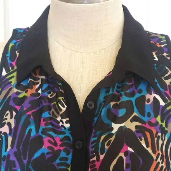 🔴 NICOLE MILLER Sleeveless Collared Top Tunic Colorful Black Bold Lightweight - Picture 6 of 13